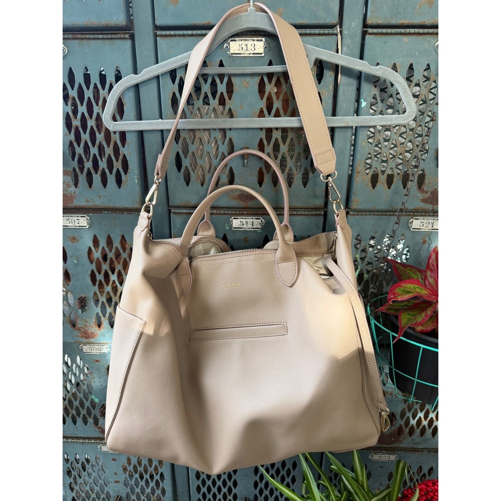 Mina Baie Harper Diaper Bag Backpack Vegan Leather Beige Gold Hardware